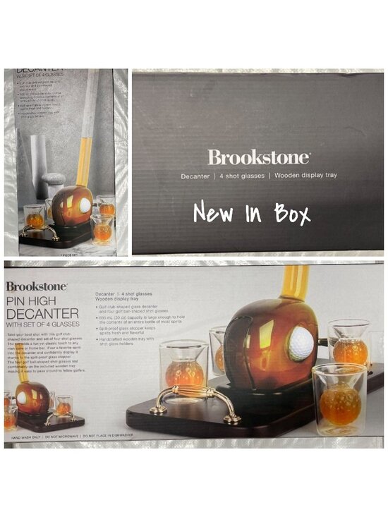 Brookstone Other - Brookstone Pin High Decanter Set with 4 Shot Glasses & Wooden Tray - New in Box